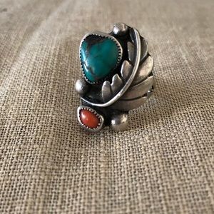 Coral + Turquoise Silver Ring